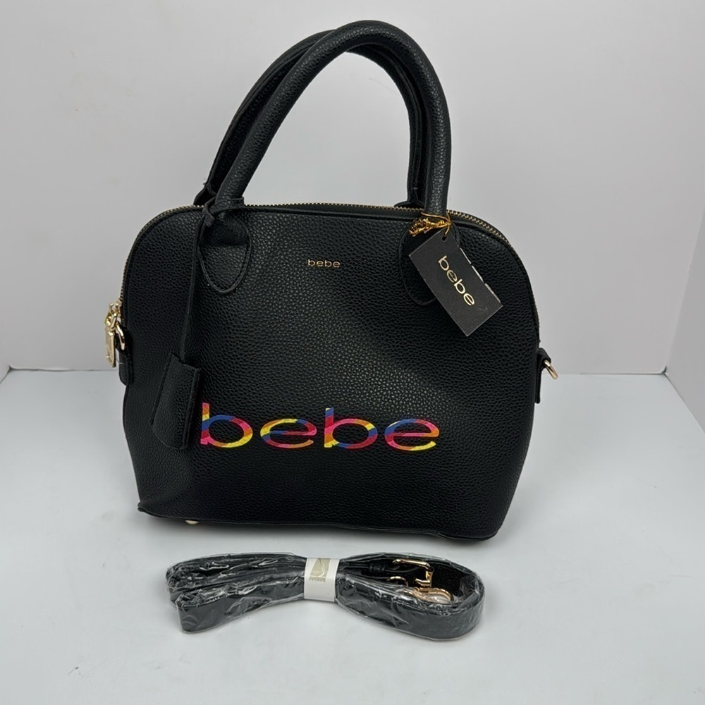 Bebe Fabiola Logo Dome Black Vegan Leather Handbag Satchel Purse